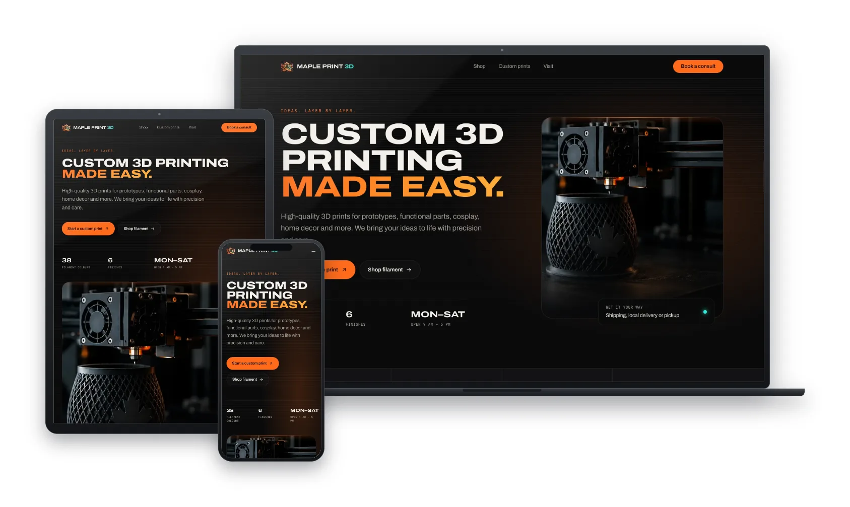 Maple Print 3D custom 3D printing shop website designed by Huddy Digital