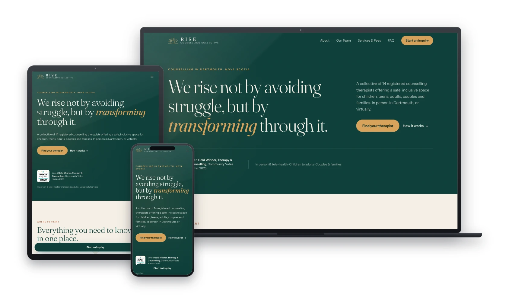 Rise Counselling Collective website designed by Huddy Digital, shown on laptop, tablet and phone